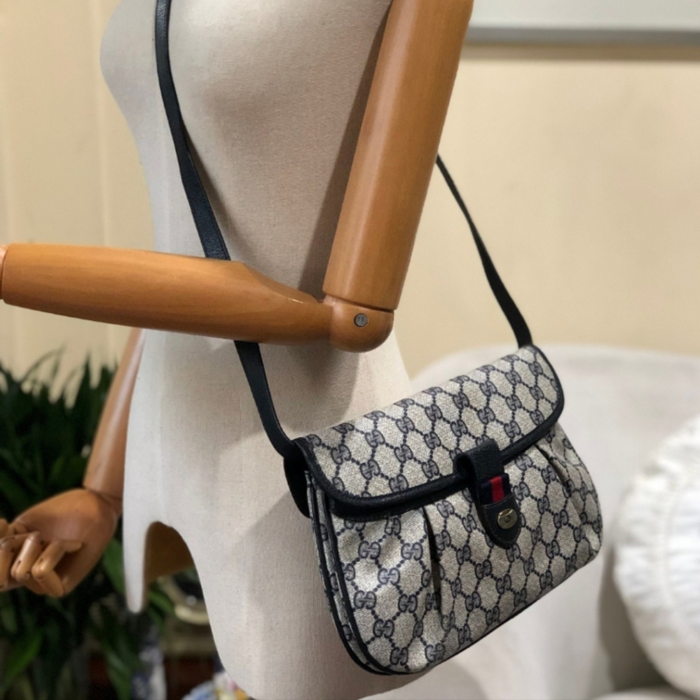 Gucci Vintage Crossbody Bag Navy Blue Coated Monogram Canvas